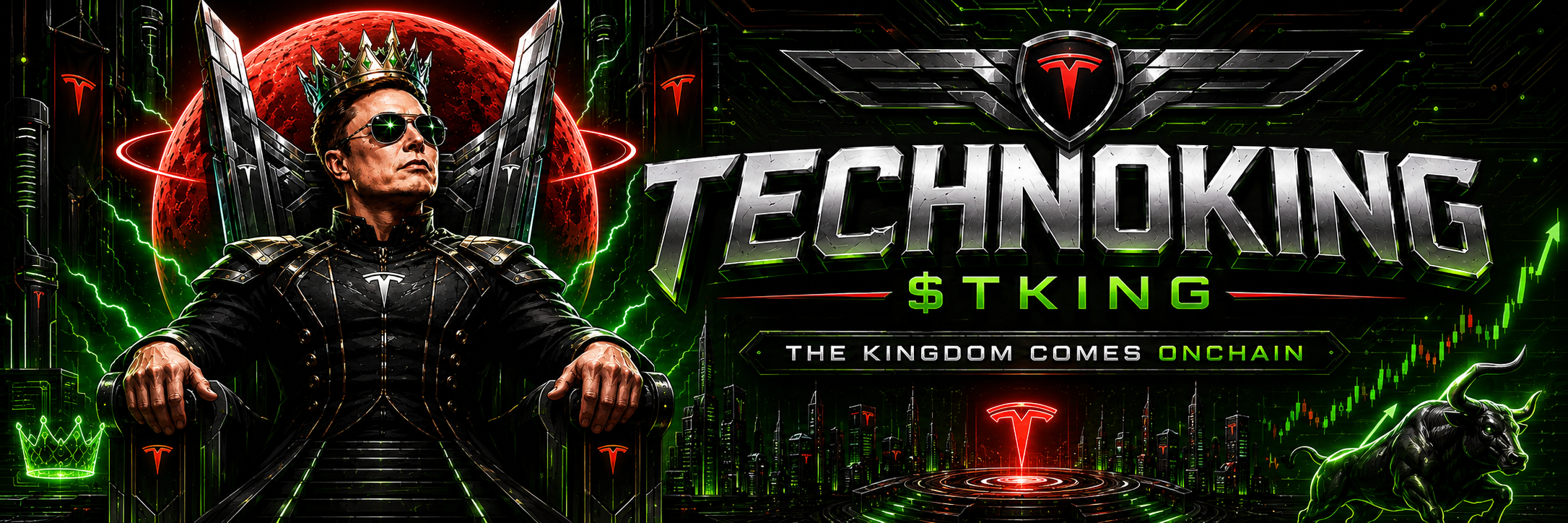 TECHNOKING seated on a futuristic throne with a rising market chart.